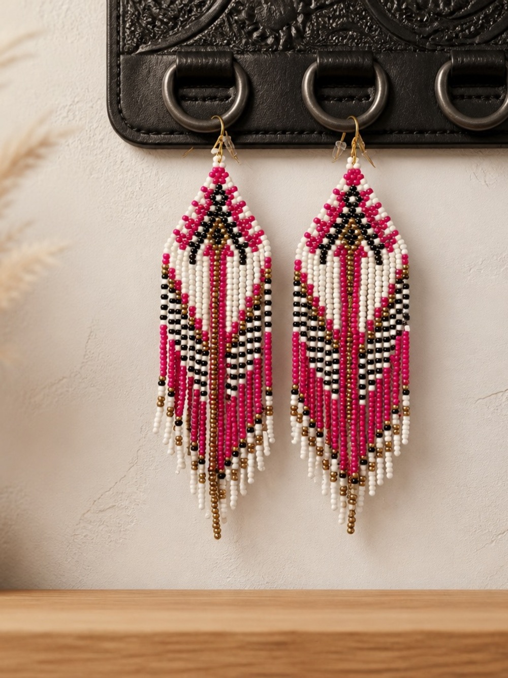 Pink Black White Gold Beaded Fringe Earrings Boho Western Cowgirl